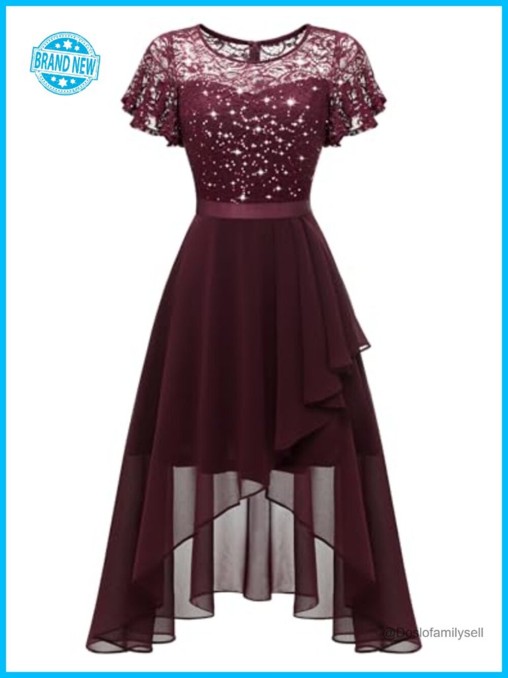 Sequin Lace Chiffon Hi-Lo Semi Formal Bridesmaid Dress Flutter Sleeve